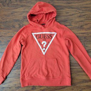 GUESS Screen Print Triangle White Black Logo Red Hoodie w/ Kangaroo Pocket sz 10